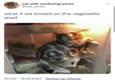 cat with confusing auras. @cat_auras what if we kissed on the vegetable shelf 20:03 16/9/2022 Twitter for iPhone