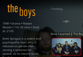 the boys 1998 Drama • Rowan Woods • 1 hr 26 mins • Ends at: 21:05 Brett Sprague is a violent and psychopathic man, who is released on parole after serving a sentence for assault. As he returns to his r Trending Most Favorited | The Boy