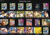 Made with grids.fun About Me: JoJo JOJAS JoJo's BIZAR NTURE JUMP COMICS RUN JOTARO KUTO STARDUST CRUSADERS Fav Part Best Story Best Art Style Best Fight Scenes Best Ending Biggest Personal Impact Fav JoJo 2nd Fav JoJo Fav Villian JOJO'S HIROHIKO BIZARRE ADVENTURE www JUMP COMICS Golden Wind 33333333333 Best Stand Best Cast Worst Cast 2nd Fav Villian Fav Jobro Fav Side Character JOJO'S BIZARRE ADVENTURE JOJOLION IVREA HIROHIKO ARAKI Underrated Part JoJo's B ADVIURE PART DIAMOND IS UNDRE Overrated Part Underrated Character STEEL BALL RUN Fav Design Fav Pose Fav Scene Fav Death Scene Best Anime Adaptation Has Aged Well (Manga Part)