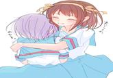 Full description from the artist:

<blockquote>涼宮ハルヒと長門有希が愛してるよゲームして、涼宮ハルヒが長門有希に言うんだ、愛してるわって</blockquote>

Machine translation:

<blockquote>Haruhi Suzumiya and Yuki Nagato are playing a "I love you" game, and Haruhi Suzumiya says to Yuki Nagato, "I love you."</blockquote>

From what I could find “'I Love You' Game” (愛してるよゲーム, Aishiteruyo Game) is a party game where two people maintain eye contact while keeping a straight face and where person A says "I love you" (愛してるよ, aishiteru yo) to person B. The other person must reply with "One more time" (もう一回, Mou ikkai) until at some point person B must say "I love you" in a more loud, serious manner to turn the tables on person A, who's now the one who must say "One more time". The first person to lose their poker face loses.

In this art, Haruhi is person A, who says her line as usual (あいしてる。, Ai shi teru), and Yuki is person B. The thing is that Yuki didn't say "One more time" but rather "Me too" (わたしも。, watashi mo,) which causes Haruhi to hug her.