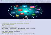 Anonymous 05/23/26(Sat)08:39:48 No.108885526 in V P t VK Ο 0 ل TikTok IMG_7408.jpg 227 KB JPG >2020s social media scale >Good ones All dead >Just fine ones 4Chan, Reddit, Tumblr, YouTube >Absolute Dogshit ones Twitter and TikTok >Meh ones Rest of mainstream social media f