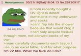 Anonymous 05/21/16(Sat) 18:04:13 No.28720917 164 KB PNG >mom recently bought a UV light to detect cumstains in my underwear and socks >can't fap into the shower because that would clog it >can only acquire tissues through mom, not allowed packs of my own >mom carefully documents each tissue I use in an excel table, and for what purpose I'm 22 btw. What the f--- do I do?