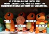 AT SESSION O, ROLLING FOR THE REAL WORLD LANGUAGES/CULTURES THAT WILL BE THE INSPIRATION FOR EACH OF OUR FANTASY CIVILIZATIONS: 11 11 imgflip.com THAI ESTONIAN BURMESE JAVANESE