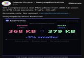 convertlo.pro > imageoptimization convertlo.pro 22h threads We compressed a real PNG photo from 368 KB down to 379 KB in seconds. That's -3% off. Browser-only. No upload. convertlo.pro/compr... imageoptimization #webdev C Convertlo convertlo.pro/compress Real compression result BEFORE AFTER PNG WebP 368 KB 379 KB -3% smaller Same quality ' Browser-based ⚫ No upload needed Free image compression at convertlo.pro/compress