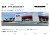 ← Post 0 Tech Sales Guy ❤ @TechSalesGuy3 Follow Time to watch a grown man pretend to call his manager 7 times HI TOYOTA RICK HENDRICK . 9:39 pm 17 May 25 3.6M Views 1,283 Reposts 84 Quotes 66.3K Likes 2,194 Bookmarks 27 Σ 80