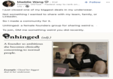 Maddie 2nd Founder, OGTool - Fastest way to rank on... 17h. + Follow ... I just closed one of my biggest deals in my underwear. Not something I wanted to share with my team, family, or LinkedIn. So I made a community for it. Unhinged: a female founders group for sharing weird s. To join, DM me something weird you did recently. Onhinged (adj.) A founder so ambitious she becomes clinically concerning to normal people. SLEEP IS PEOPLE W NO EQUITY TODAY: Pitch Negotiate Close Nap? THOUGHTS: too many not enough time building something insane delusional but deadline driven Example: Closed her biggest deal in her underwear. investors think I'm insane (good) CEO (Chief Everything Officer) Q4 GOALS close deal - raise round