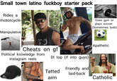 Small town latino f------ starter pack Rides a motorcycle Manipulative GD Cheats on gf Political knowledge from Instagram reels Dl top (if into guys) Friendly and Seahan Tatted arm laid-back Goes gym or plays soccer (Sometimes both) Apathetic Catholic