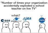 "Number of times your organization accidentally exploded a school teacher on live TV" what? eesa arianeGroup ЛАЖА "1" NASA 8'5 ៩៖ 00