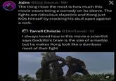 Jojira @Goji_Saurus 16h X The thing I love the most is how much this movie wears being a comedy on its sleeve. The fights are ridiculous slapstick and Kong just KOs himself by cracking his skull open against a rock. Tarrell Christie @IAmTarrell • 1d I always loved how in this movie a scientist says Godzilla's brain is the size of a marble but he makes Kong look like a dumbass most of their fight