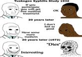 Tuskegee Syphilis Study 1932 If you participate you will get free medical treatment OK 20 years later I don't feel so good Have some more medicin 20 years later (1972) Interesting "Dies"
