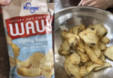 Kroger BE AUST IF U 04G 17 - CRISPY AND CRUNCHY WAU Lightly Salted POTATO CHIPS 50% LESS SODIUM PER SERVING THAN KROGER BRAND CLASSIC WAVY POTATO CHIPS SEE NUTRITION INFORMATION FOR TOTAL FAT CONTENT GLU FREE 111 08 ALITY
