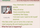 : Anonymous 13 KB JPG 12/13/18(Thu)22:45:16 No.49824266 >buy chemicals for a peaceful suicide >they all arrive >have everything ready >suddenly feel happy >not even sure I want to kill myself anymore >the fake smile I put on turns into a real one >start enjoying life and treating people nice What the f--- is happening?