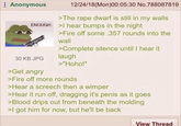 Anonymous 12/24/18(Mon)00:05:30 No.788087819 >The r--- dwarf is still in my walls ENOUGH >I hear bumps in the night 30 KB JPG >Fire off some .357 rounds into the wall >Complete silence until I hear it laugh >"Hoho!" >Get angry >Fire off more rounds >Hear a screech then a wimper >Hear it run off, dragging it's penis as it goes >Blood drips out from beneath the molding >I got him for now, but he'll be back View Thread