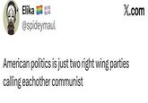 Elika X.com @spideymaul American politics is just two right wing parties calling eachother communist