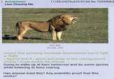 Anonymous Lion Chasing Me 11/30/23(Thu)10:57:04 No.72939063 lion.jpg 30 KB JPG >heard that sprinting increases testosterone due to fight or flight > figured that if I sprint and listen to lion roaring sound effects I could double the affects Going to wake up at 6am tomorrow and do some sprints while listening to lions roaring Has anyone tried this? Any scientific proof that this works?
