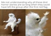 Me not understanding why all these dnd. horror stories are so long when they could have left the group after the first red flag. made with mematic