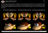 Supper Mario Broth @MarioBrothBlog 0 Originally, Super Mario Strikers was planned to give every captain their own unique sidekicks, instead of sharing generic ones. Donkey Kong's dedicated sidekicks still survive in the files, being a trio of anonymous Kongs. Donkey KongSidekickA DonkeyKongSidekickB DonkeyKongSidekickC 00 Source: models-resource.com user "El_Taco_Rojo", models.spriters-resource.com/gamecube/supermariostrike/asset/337216, models.spriters-resource.com/gamecube/supermariostrike/asset/337217, models.spriters-resource.com/gamecube/supermariostrike/asset/33721