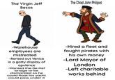The Virgin Jeff Bezos The Chad John Philipot чи G -Warehouse employees are mistreated -Rented out Venice in a gotty display of opulence -Wanted the De Hef bridge to be dismantled so he could float his yacht could pass under it -Hired a fleet and fought pirates with his own money -Lord Mayor of London -Left charitable works behind €