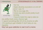 Anonymous 59 KB PNG >be me 07/05/23(Wed)23:21:14 No.73920800 >been abusing oxycodone on and off since I was 14 >ffw to now (age 22) >crave oxy and vicodin pretty much nonstop >have to resist the urge to take an oxy pretty much every chance I get >I spend something like 2/3 of my income on pills >I'm starting to get irritable if I don't take an oxy regularly Holy f--- guys addiction is real it isn't a meme