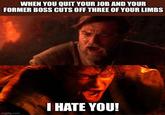 WHEN YOU QUIT YOUR JOB AND YOUR FORMER BOSS CUTS OFF THREE OF YOUR LIMBS I HATE YOU! imgflip.com