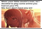 Mom: your little cousin's over, so I decided to play some anime you had on your PC. Me: but I don't have any ani-