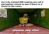 my 5.5e trained DM making me roll a perception check to see if there is a chest in the room. made with mematic please say sike B