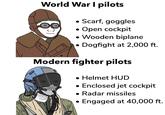 World War I pilots • Scarf, goggles Open cockpit • Wooden biplane Dogfight at 2,000 ft. Modern fighter pilots TVOJAK い • Helmet HUD • Enclosed jet cockpit • Radar missiles Engaged at 40,000 ft.