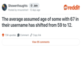 Showerthoughts + Join reddit Posted by mrsunshine1 12 days ago The average assumed age of some with 67 in their username has shifted from 59 to 12. 7.5K upvotes Comment Copy link View 95 comments