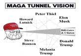 MAGA TUNNEL VISION Peter Thiel MAKEAMP GREAT AG Howard Lutnick Elon Musk Bill Gates & Clinton Steve Bannon Donald Trump Melania Trump