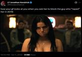 A tweet reading, "how your gf looks at you when you ask her to block the guy who “r---d” her in 2019:." The tweet uses an image of Nikki frowning from Obsession.