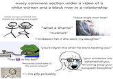 every comment section under a video of a white woman and a black man in a relationship *white woman and black man literally just existing as a couple* Freamstim "future single mom Imao" "what a shame" "mudshark" "i'd disown her if she were my daughter" "you'll regret this when he starts beating you" COPIUM *has in his bio* *frequently posts edits of the roman empire* <—his pfp probably "your ancestors are ashamed of you, throwing away your european bloodline"