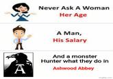 A Never Ask A Woman Her Age A Man, His Salary And a monster Hunter what they do in Ashwood Abbey imgflip.com