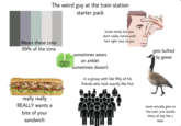 The weird guy at the train station starter pack Wears these color 99% of the time really really REALLY wants a bite of your sandwich kinda stinky but you don't really notice until he's right next to you gets bullied by geese sometimes wears an anklet 001 sometimes doesn't in a group with like fifty of his friends who look exactly like him never actually gets on the train. Just stands there all day like a loser