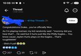 10:08 M Thread 1,648 views Rap Threads 2h Follow Congratulations Drake... you've officially Won. As I'm playing Iceman; my kid randomly said - "mommy did you hear that?.... He said but it hurts just like the Philly Eagles.... You know cause Jaylen Hurts plays on the Eagles.... That's toughhhhhh" - She's 9 yall 207 Q 39 12 4