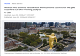World | News Service Woman who banned herself from Pennsylvania casinos for life gets escorted out after winning jackpot By CNN Updated: June 02, 2026 at 1:13PM EDT Published: June 02, 2026 at 9:57AM EDT FBEBER The downtown Philadelphia skyline is seen on Sunday, Oct. 12, 2025. (AP Photo/Ted Shaffrey)
