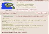 : Anonymous 07/09/18(Mon)14:31:01 No.466/1113 >be me >sad and depressed >mom comes over >she makes pancakes Thanks mom, i love you 7 KB JPG 3 Replies 1 Image Anonymous >be me View Thread 07/09/18(Mon) 14:33:39 No.46671147 >loser working dead end job barely enough to pay rent >no friends, dont talk to co workers >depressed >mom comes over every week to cook several days worth of food and restock groceries >cleans my place >never asks for anything Reminder to love your mom.