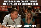 PLAYING A FLIRTY CHARACTER WHO HAS O LEVELS IN THE SEDUCTION SKILL She's imgflip.com DO YOU LIKE...CHEESE?