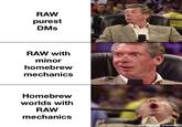 RAW purest DMs RAW with minor homebrew mechanics Homebrew worlds with RAW mechanics WF made with mematic