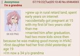 Anonymous I'm a grandma 88 KB PNG 07/19/22(Tue)05:10:40 No.69464065 >grew up in rural retard land, spent early years on internet >accidentally got pregnant at 15 with my first bf two years older than me >married him after graduation, had two more kids since then because he was making good money in HVAC >first daughter had her first child yesterday at age 19 >I'm now a 34 y/o grandma