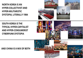 NORTH KOREA IS AN HYPER-COLLECTIVIST AND HYPER-MILITARISTIC DYSTOPIA, LITERALLY 1984 SOUTH KOREA IS THE TYPICAL HYPER-CAPITALIST AND HYPER-CONSUMERIST CYBERPUNK DYSTOPIA 담배 nn ELI AND CHINA IS A MIX OF BOTH 1949