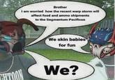 Brother I am worried how the recent warp storm will affect food and ammo shipments to the Segmentum Pacificus We skin babies for fun We?