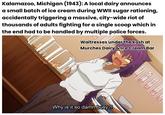 カツレツ! 生姜焼き オーロラソースの 歌風ライス By Kalamazoo, Michigan (1943): A local dairy announces a small batch of ice cream during WWII sugar rationing, accidentally triggering a massive, city-wide riot of thousands of adults fighting for a single scoop which in the end had to be handled by multiple police forces. 風カレース Waitresses under the kosh at Murches Dairy & Ice Cream Bar Why is it so damn busy?!