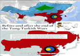 Turks: Chinese! Pay tribute to me! Before and after the end of the Tang-Turkish Wars Fight for me, Emperor, Together we will bring glory. to the Great Tang. Yes, my Emperor. The Turkish people let their state... go to ruin... their sons worthy of becoming lords became slaves, and their daughters worthy of becoming ladies became servants to the Chinese people. The Turkish lords abandoned their Turkish titles. Those lords who were in China held the Chinese titles and obeyed the Chinese emperor and gave their service to him for fifty years. For the benefit of the Chinese, they went on campaigns up to [the land of] the Bukli qaghan in the east, where the sun rises, and as far as the Iron Gate in the West. For the benefit of the Chinese emperor they conquered countries. [24][9] Chinese: Okay, I've conquered your country.