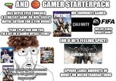 AND GAMER STARTERPACK HAS NEVER EVEN TOUCHED HIS FAVOURITE GAMES: A STRATEGY GAME OR RPG. EXCEPT MAYBE SKYRIM FOR A FEW HOURS FORTNITE SPORTS FIFA CALL DUTY "YEAH I PLAY COD AND FIFA I'M A BIT OF A GAMER MYSELF TEEHEE™ COR IF HE'S FEELING SPICY) COR ANY OTHER SPORTS GAME) PS4 grand Stheft auto RAINBOWS SIEGE FORTNITE 'Bro gaming is doomed there's no good games anymore!" SPENDS LARGE AMOUNTS OF MONEY ON MICROTRANSACTIONS