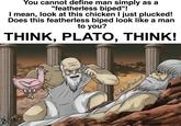 You cannot define man simply as a "featherless biped"! I mean, look at this chicken I just plucked! Does this featherless biped look like a man to you? THINK, PLATO, THINK! Idiot of the East