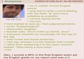 Anonymous 430 KB PNG 04/09/21(Fri)06:24:41 No.851663505 > be in middle school English period > was told to write a word starting with the letter "g" and many syllables as possible > cannot repeat words > my turn >mind started to race as I feel judgmental stares > wrote "Gobbledygook" > classmates laughed > teacher said, "Don't make up words, anon" > everyone mocked my vocabulary for the rest of the day > went home and found dictionary > next day showed it to the teacher that it exists > rather than explaining it to the class, teacher replied, "Stop being a sore loser." >mfw Also, I scored a 98% in the final English exam yet my English grade on my report card was a C.