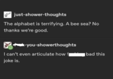 just-shower-thoughts The alphabet is terrifying. A bee sea? No thanks we're good. -you-showerthoughts I can't even articulate how bad this joke is.