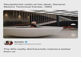 Receptionist waits at her desk, General Motors Technical Center, 1965 lemón - @cigarettesummer The 60s really did futuristic interiors better than us
