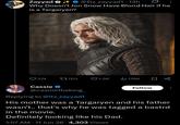 Zayyad + @Itz_zayyad1 13h • Why Doesn't Jon Snow Have Blond Hair if he is a Targaryen? Q374 17703 1.5K Il 176K ☐ % Cassie✔ @casmirtheking_ Replying to @Itz_zayyad1 Follow His mother was a Targaryen and his father wasn't.. that's why he was tagged a bastrd in the movie. Definitely looking like his Dad. 1:57 AM 11 Jun 26.4,303 Views