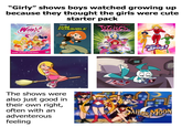 "Girly" shows boys watched growing up because they thought the girls were cute PAPERCUT 2 DISNEY starter pack Чародейки Wink! ALONE AGAINST EVERYBODY KIM POSSIBLE The shows were also just good in their own right, often with an adventerous feeling Will Irma Tarance Gernelia Hay Lin 80 N331 DVD VIDEO Totally Spies! 000 0 0000 SAILOR MOON